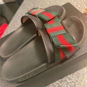 Gucci Black and Green Mules with Red Stripe